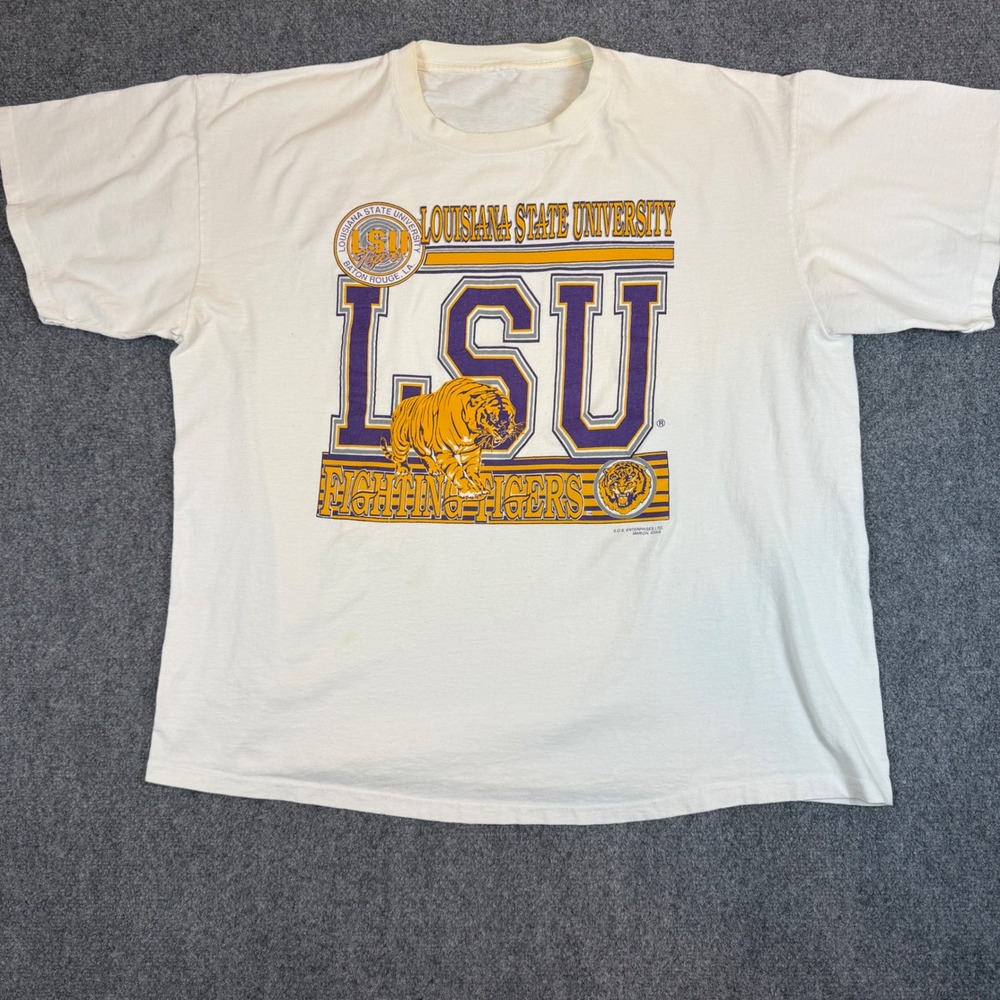Vintage LSU Fighting Tigers T-Shirt White Louisiana State University SOS 2XL